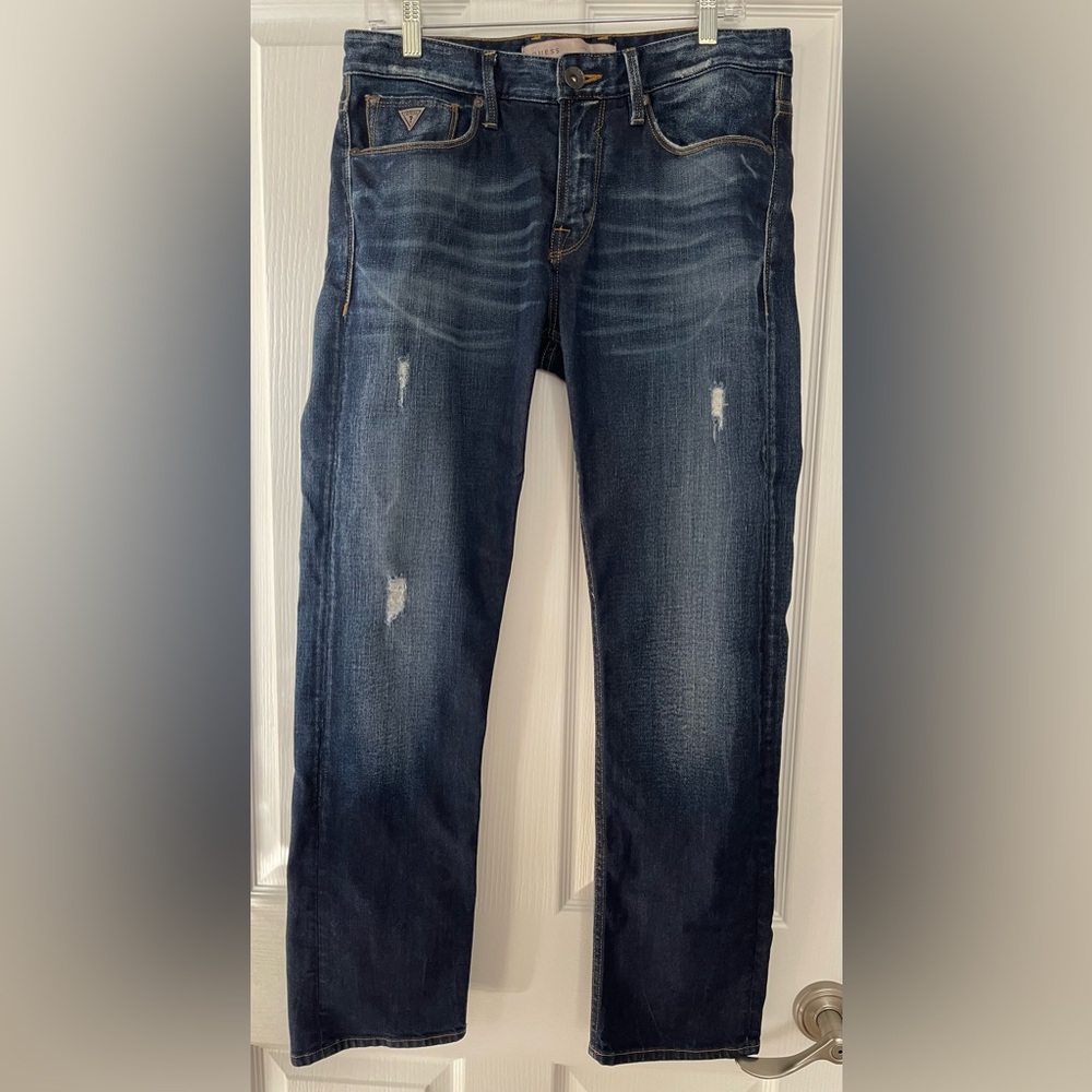 Guess Men’s Slim Straight Denim Blue Jeans Distressing Sz. 32